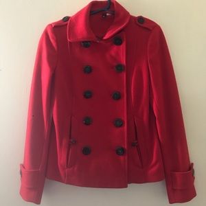 Short red pea coat.